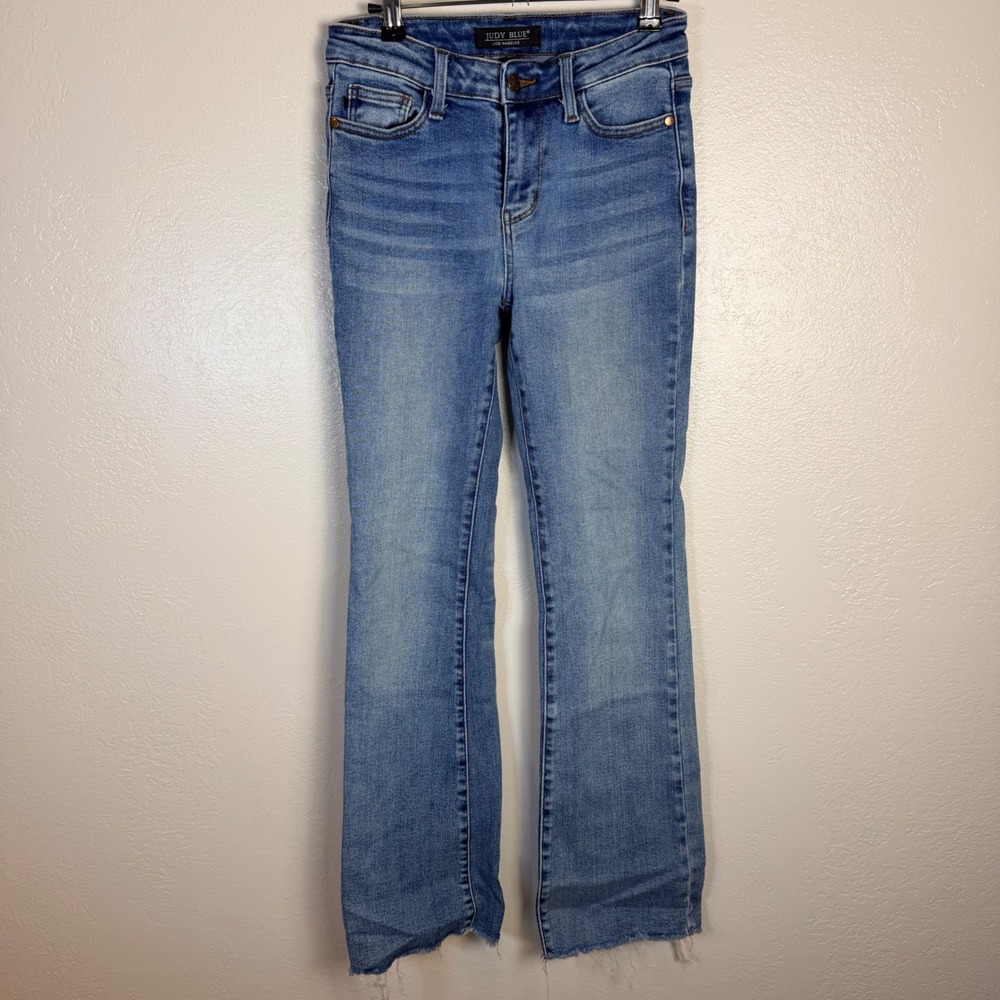 Judy Blue 1/25 High Rise Raw Hem Flare Jeans Medium Wash